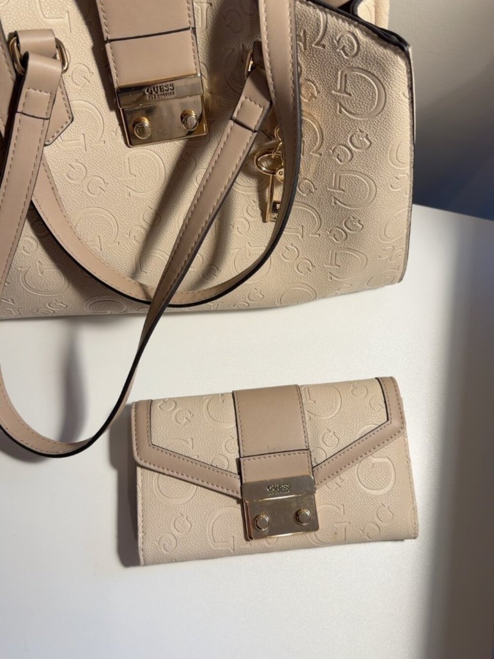 GUESS Embossed Logo Tote Bag & Matching Wallet Set Beige Gold